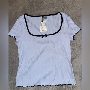 H&M Blue Fitted Ribbed Tie Front Blouse